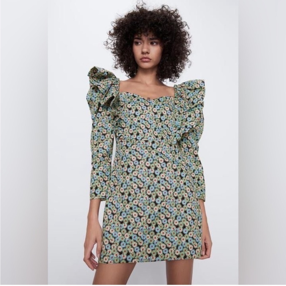NWT Zara Puff sleeve Mini Dress Cotton Retro Ditzy floral Blue Green Black M​